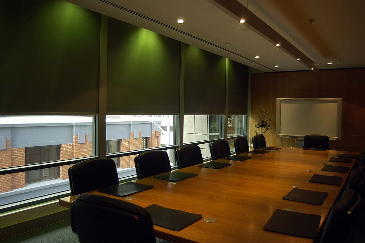 Indoor blackout blinds for conference room