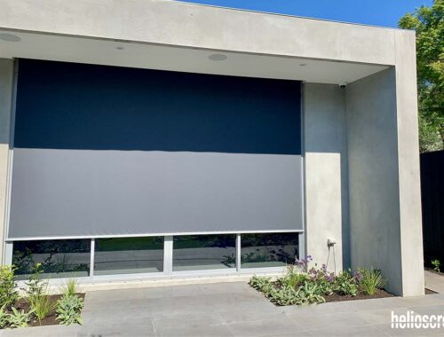Modern grey outdoor blinds covering windows
