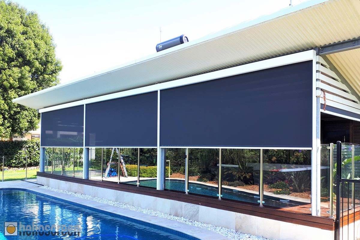 Grey modern outdoor blinds for outdoor pool