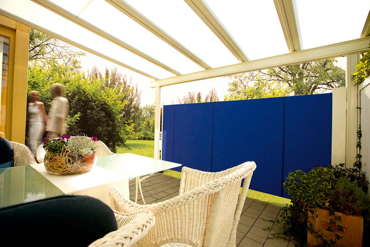 Blue external privacy screen for backyard