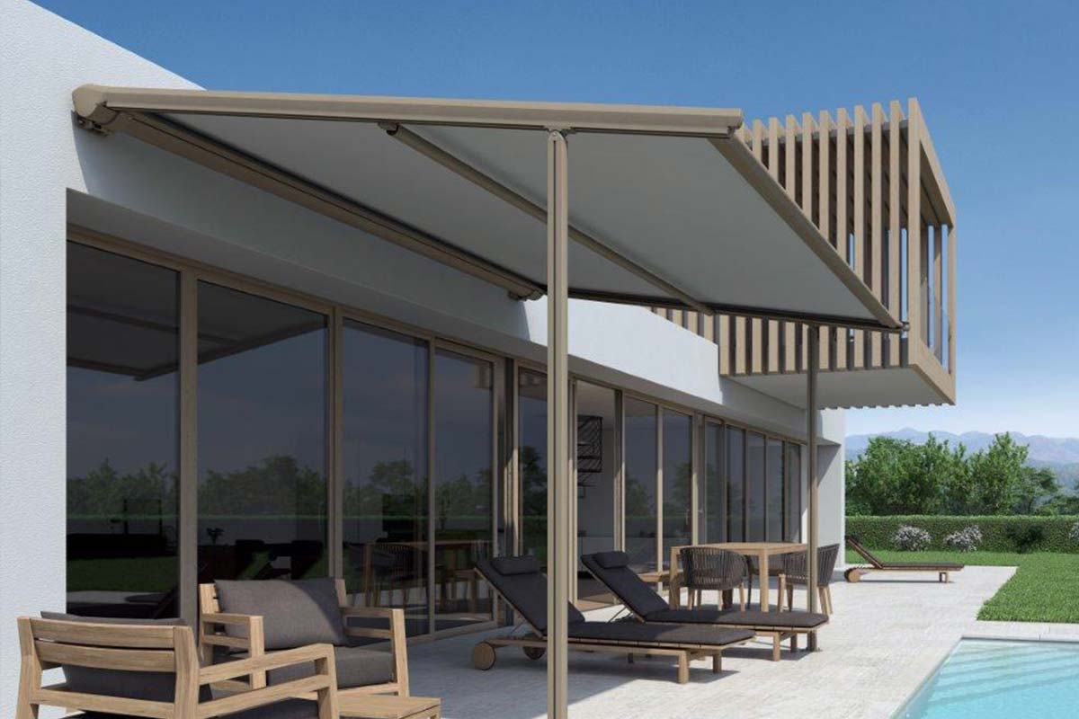 Modern retractable pergola adding shade for outdoor pool