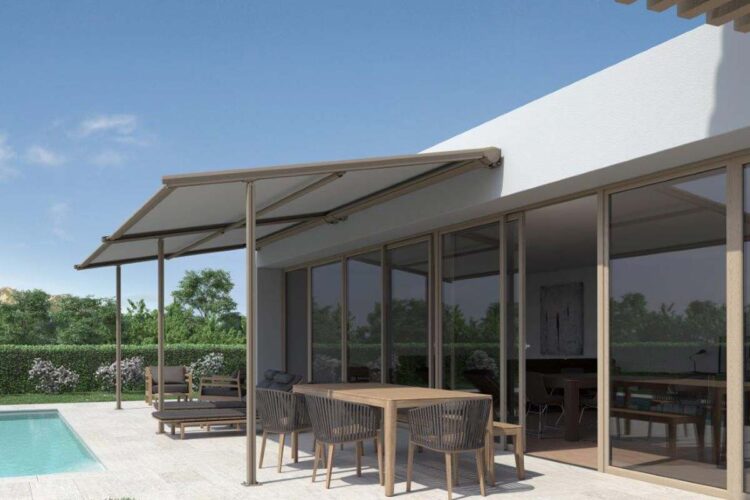 Retractable pergola adding shade for outdoor pool and seating