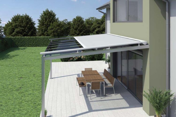 Retractable sunroof covering modern outdoor veranda